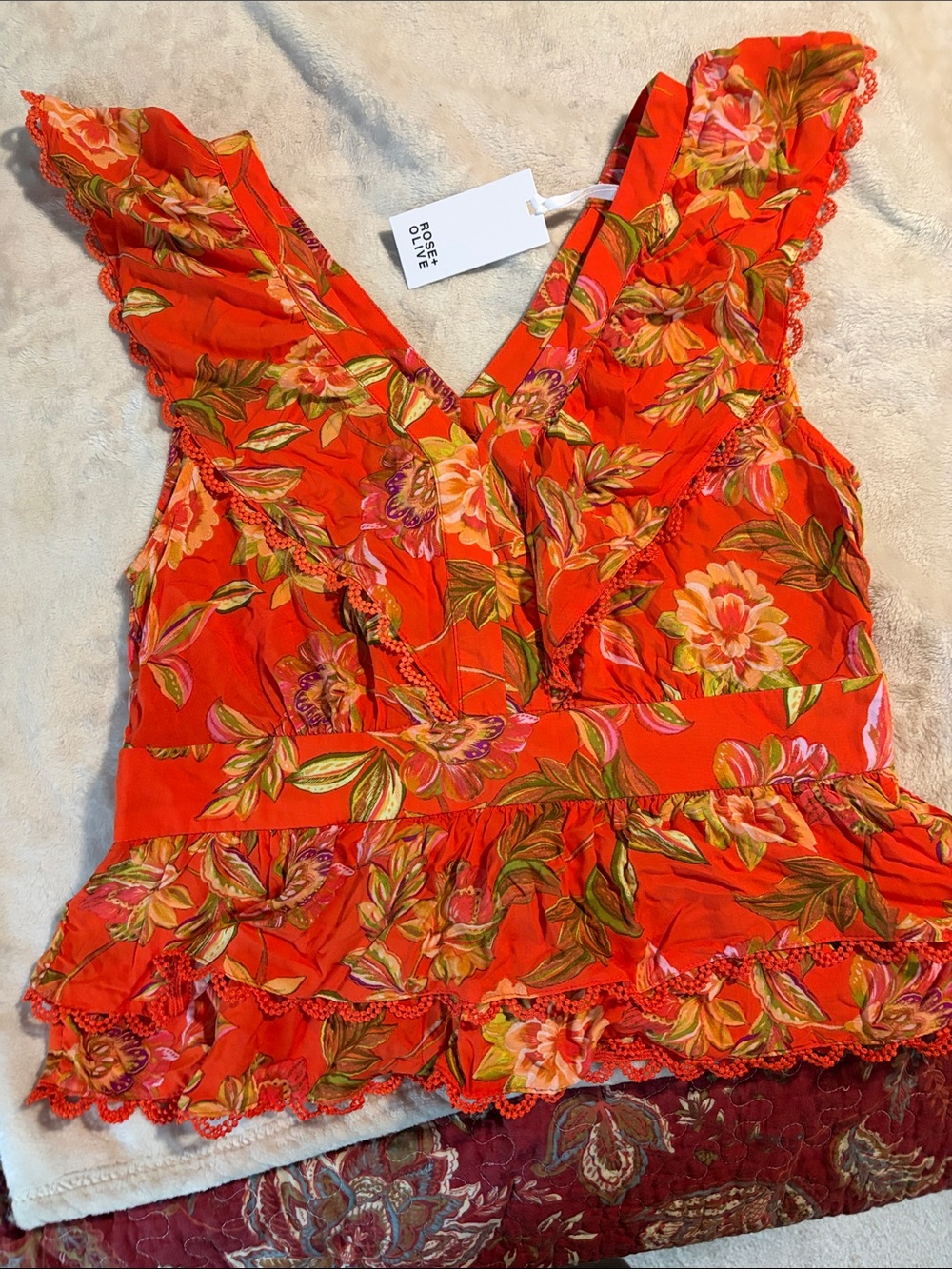 Rose & Olive Red-Orange Floral Ruffled V-Neck Camisole